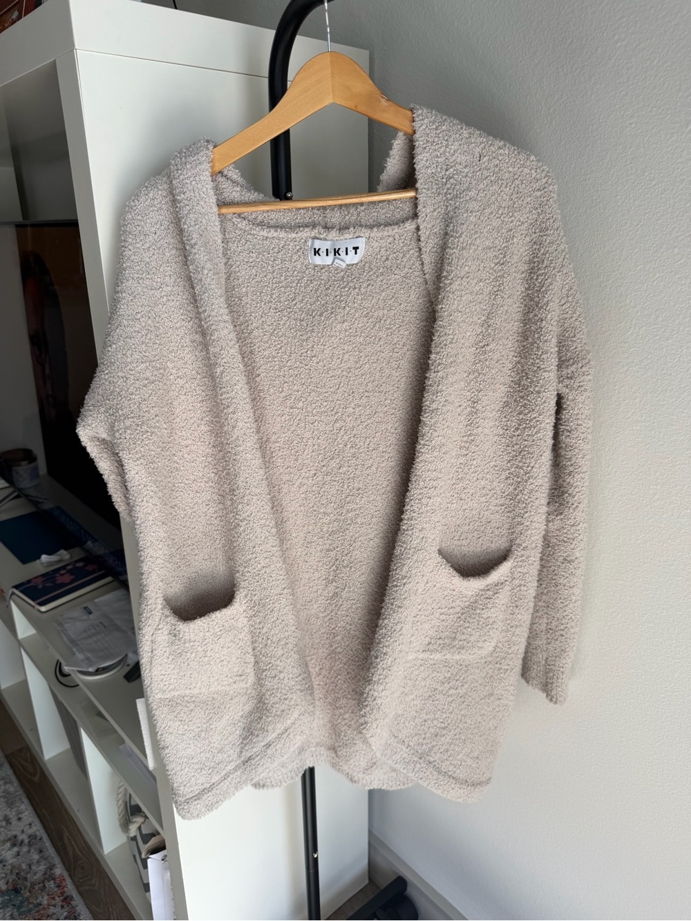 Kikit Soft Popcorn Knit Open Front Cardigan Sweater Cream Beige Size Small Cozy
